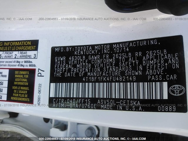 4T1BF1FK4FU482149 - 2015 TOYOTA CAMRY LE/XLE/SE/XSE WHITE photo 9