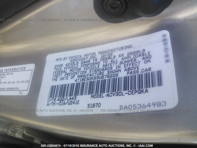 4T1BE30K93U676226 - 2003 TOYOTA CAMRY LE/XLE/SE 金色 照片 9