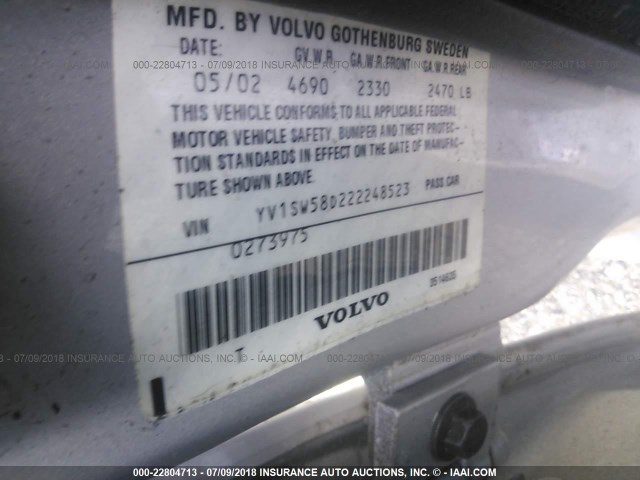 YV1SW58D222248523 - 2002 VOLVO V70 2.4T SILVER photo 9