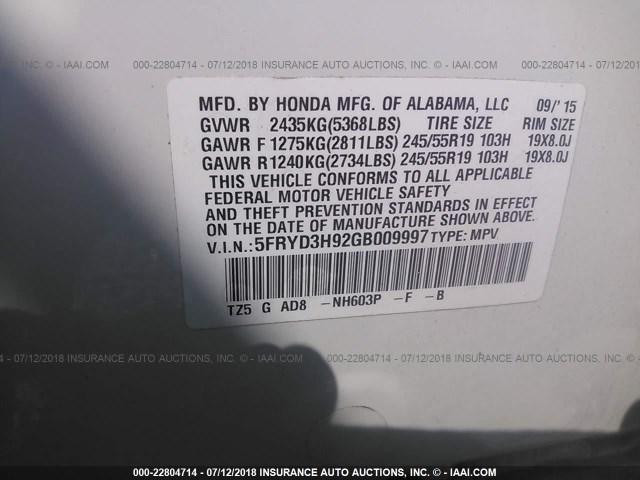 5FRYD3H92GB009997 - 2016 ACURA MDX ADVANCE WHITE photo 9