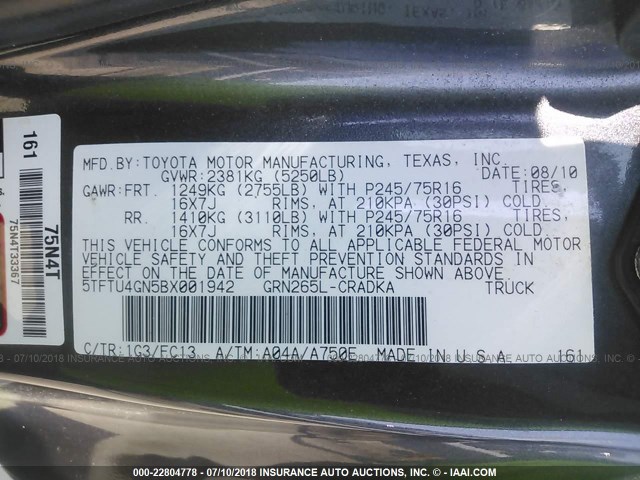 5TFTU4GN5BX001942 - 2011 TOYOTA TACOMA PRERUNNER ACCESS CAB GRAY photo 9