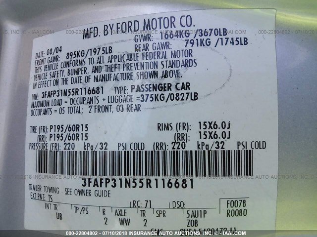 3FAFP31N55R116681 - 2005 FORD FOCUS ZX3 SILVER photo 9