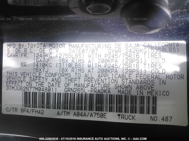 3TMJU62N77M048011 - 2007 TOYOTA TACOMA DOUBLE CAB PRERUNNER BLUE photo 9
