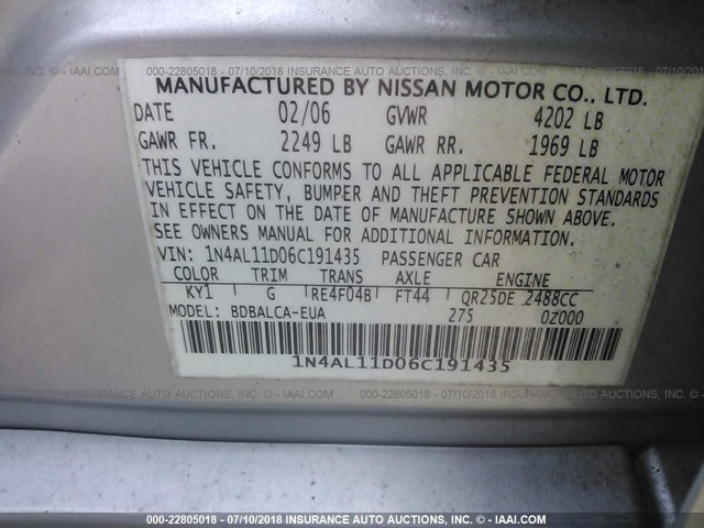 1N4AL11D06C191435 - 2006 NISSAN ALTIMA S/SL 银色 照片 9