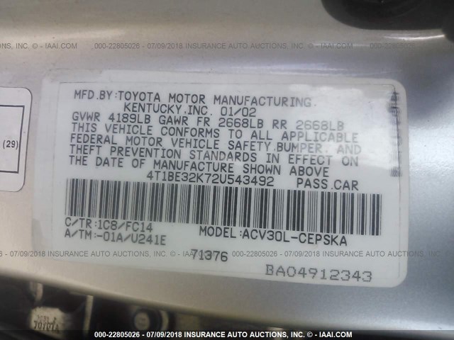 4T1BE32K72U543492 - 2002 TOYOTA CAMRY LE/XLE/SE Gümüş foto 9