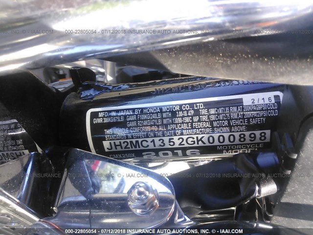 JH2MC1352GK000898 - 2016 HONDA CMX250 X BLACK photo 10