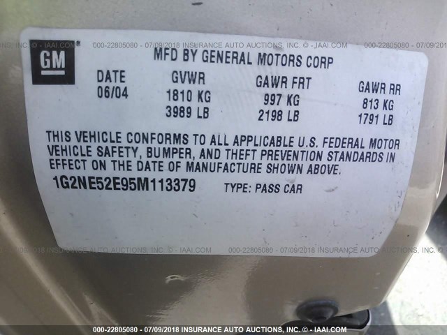 1G2NE52E95M113379 - 2005 PONTIAC GRAND AM SE TAN photo 9