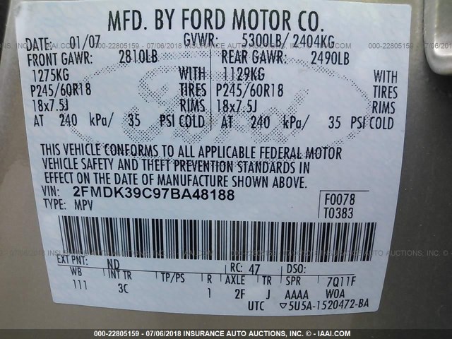 2FMDK39C97BA48188 - 2007 FORD EDGE SEL PLUS GOLD photo 9