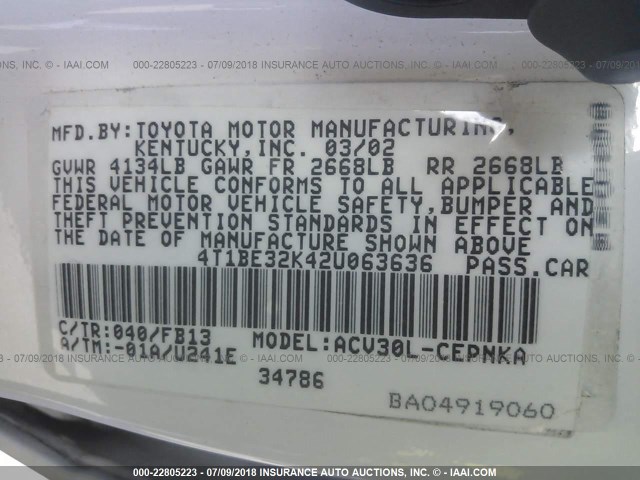 4T1BE32K42U063636 - 2002 TOYOTA CAMRY LE/XLE/SE 白色 照片 9
