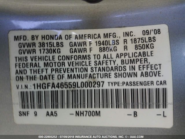 1HGFA46559L000297 - 2009 HONDA CIVIC GX SILVER photo 9