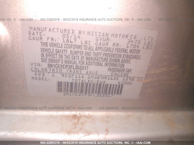 3N1CE2CP3FL353317 - 2015 NISSAN VERSA NOTE S/S PLUS/SV/SL/SR SILVER photo 9