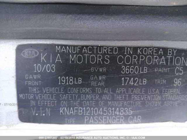 KNAFB121045314835 - 2004 KIA SPECTRA LS SILVER photo 9