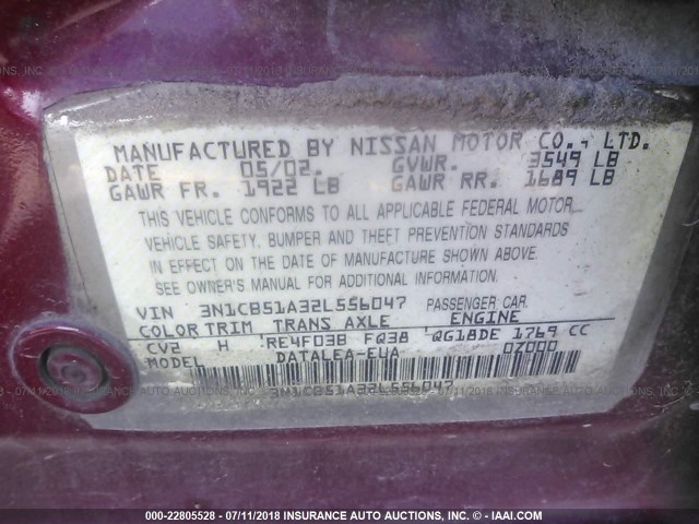 3N1CB51A32L556047 - 2002 NISSAN SENTRA GXE RED photo 9
