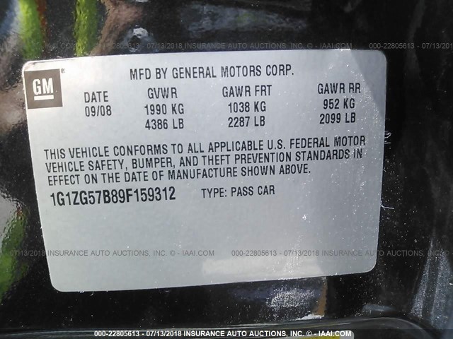 1G1ZG57B89F159312 - 2009 CHEVROLET MALIBU LS Қара фото 9