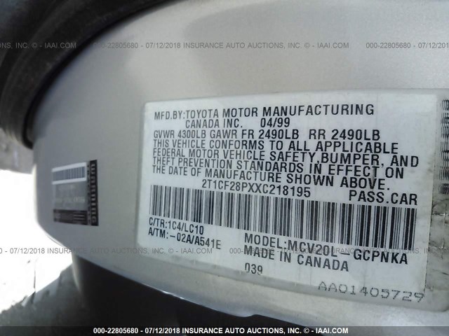 2T1CF28PXXC218195 - 1999 TOYOTA CAMRY SOLARA SE/SLE ვერცხლისფერი ფოტო 9