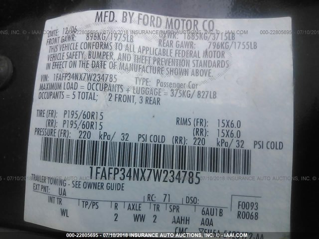 1FAFP34NX7W234785 - 2007 FORD FOCUS ZX4/S/SE/SES 黑色 照片 9