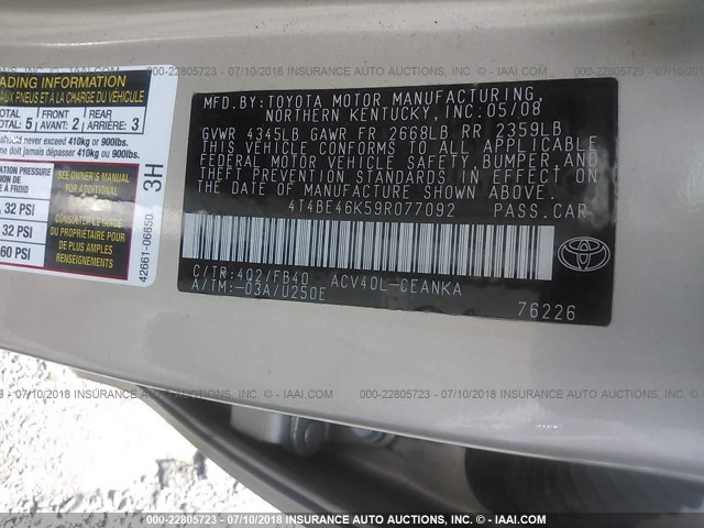 4T4BE46K59R077092 - 2009 TOYOTA CAMRY SE/LE/XLE GOLD photo 9