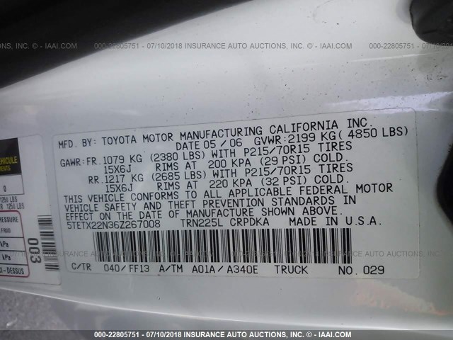 5TETX22N36Z267008 - 2006 TOYOTA TACOMA ACCESS CAB Weiß Foto 9