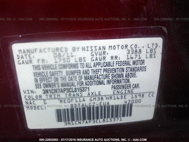 3N1CN7AP3CL815371 - 2012 NISSAN VERSA S/SV/SL RED photo 9