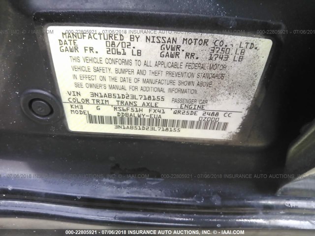 3N1AB51D23L718155 - 2003 NISSAN SENTRA SE-R SPEC V BLACK photo 9