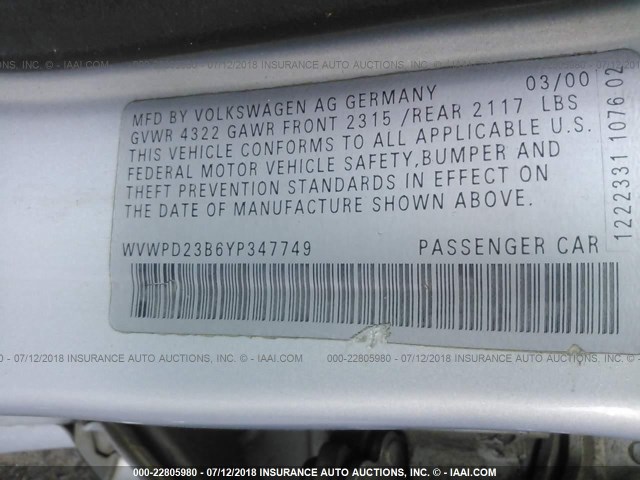 WVWPD23B6YP347749 - 2000 VOLKSWAGEN PASSAT GLX 银色 照片 9