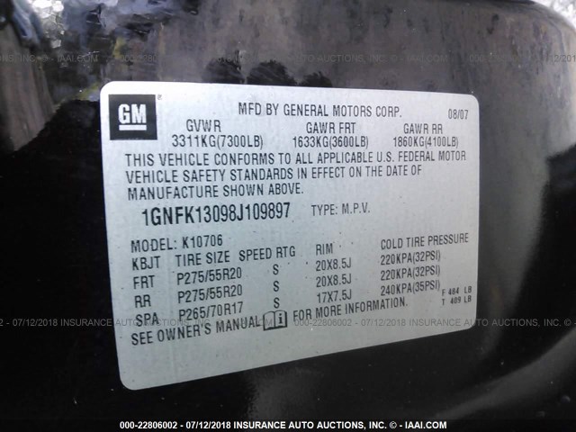 1GNFK13098J109897 - 2008 CHEVROLET TAHOE K1500 BLACK photo 9