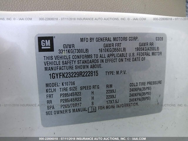 1GYFK23229R222815 - 2009 CADILLAC ESCALADE LUXURY თეთრი ფოტო 9