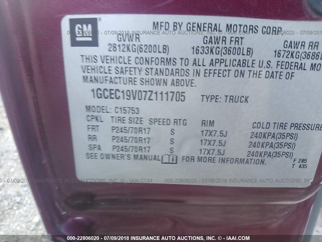 1GCEC19V07Z111705 - 2007 CHEVROLET SILVERADO C1500 CLASSIC BURGUNDY photo 9