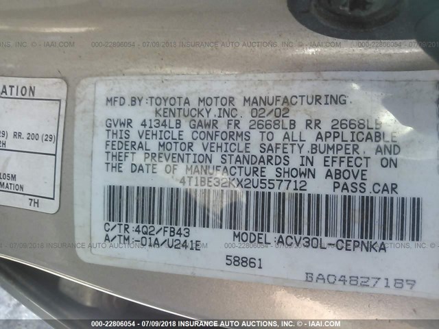 4T1BE32KX2U557712 - 2002 TOYOTA CAMRY LE/XLE/SE Qızıl foto 9