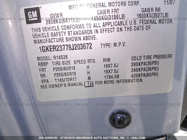 1GKER23778J203672 - 2008 GMC ACADIA SLT-1 Blau Foto 9