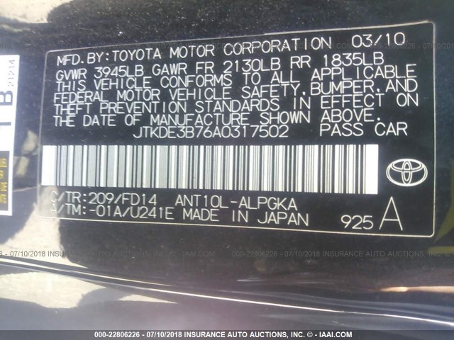 JTKDE3B76A0317502 - 2010 TOYOTA SCION TC BLACK photo 9