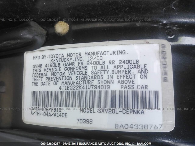 4T1BG22K41U794019 - 2001 TOYOTA CAMRY CE/LE/XLE 灰色 照片 9