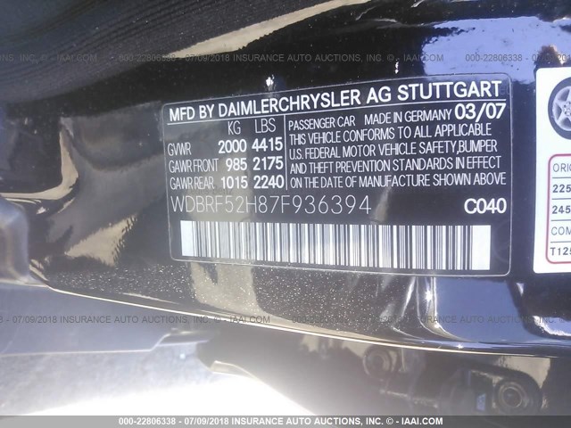 WDBRF52H87F936394 - 2007 MERCEDES-BENZ C 230 BLACK photo 9