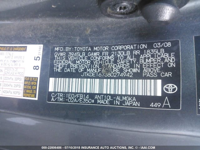 JTKDE167380274942 - 2008 TOYOTA SCION TC 灰色 照片 9