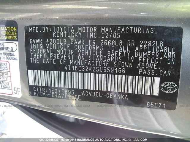 4T1BE32K25U559166 - 2005 TOYOTA CAMRY LE/XLE/SE 灰色 照片 9