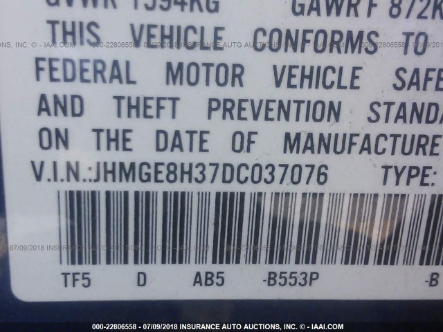 JHMGE8H37DC037076 - 2013 HONDA FIT BLUE photo 9