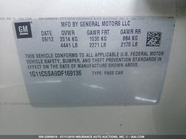 1G11C5SA9DF169136 - 2013 CHEVROLET MALIBU 1LT 金色 照片 9