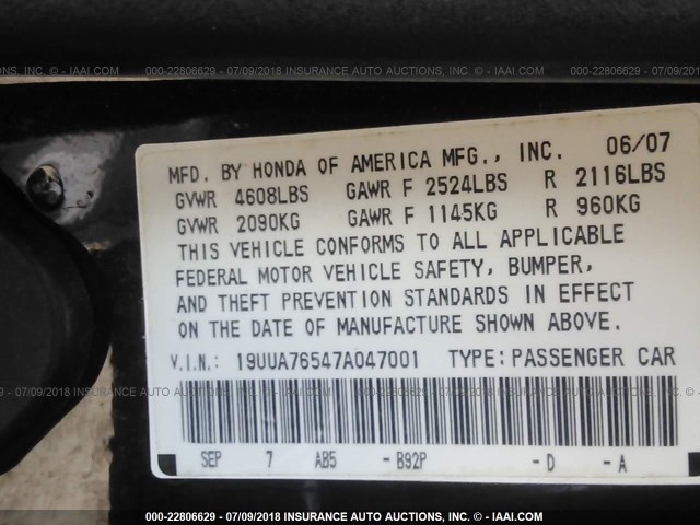 19UUA76547A047001 - 2007 ACURA TL TYPE S BLACK photo 9