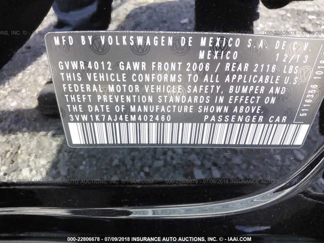 3VW1K7AJ4EM402460 - 2014 VOLKSWAGEN JETTA S შავი ფოტო 9