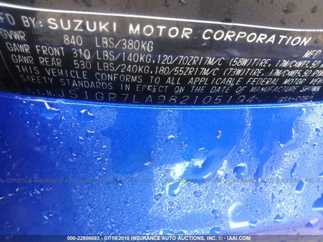 JS1GR7LA982105194 - 2008 SUZUKI GSX-R750 BLUE photo 10