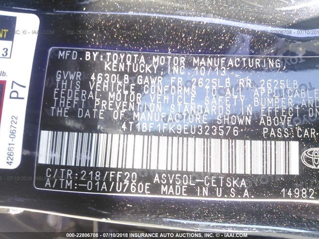 4T1BF1FK9EU323576 - 2014 TOYOTA CAMRY L/SE/LE/XLE 黑色 照片 9