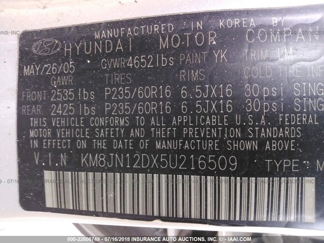 KM8JN12DX5U216509 - 2005 HYUNDAI TUCSON GLS/LX SILVER photo 9