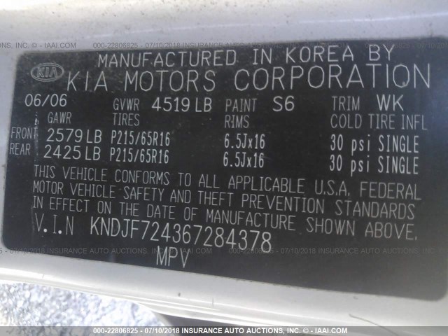 KNDJF724367284378 - 2006 KIA NEW SPORTAGE  SILVER photo 9