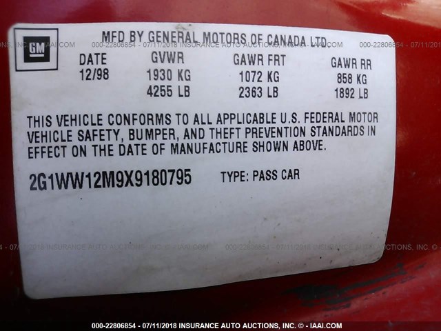 2G1WW12M9X9180795 - 1999 CHEVROLET MONTE CARLO LS 红色 照片 9