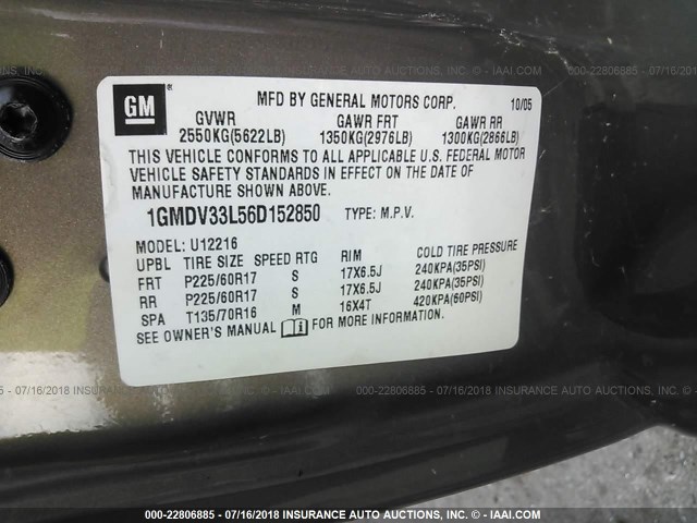 1GMDV33L56D152850 - 2006 PONTIAC MONTANA SV6 TAN photo 9