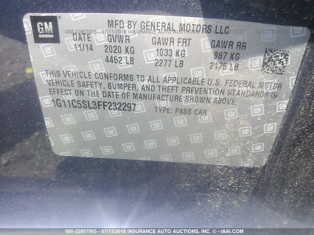 1G11C5SL3FF232297 - 2015 CHEVROLET MALIBU 1LT 蓝色 照片 9