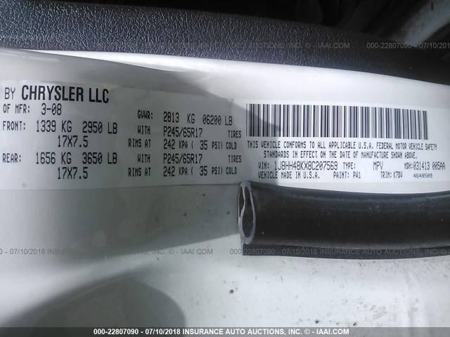 1J8HH48KX8C207569 - 2008 JEEP COMMANDER SPORT თეთრი ფოტო 9