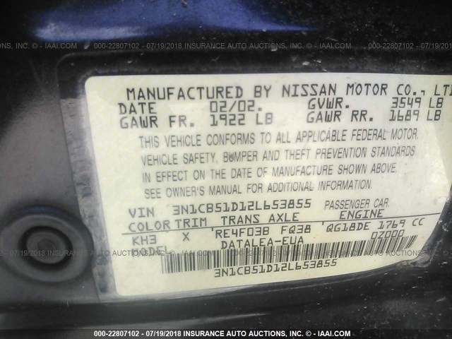 3N1CB51D12L653855 - 2002 NISSAN SENTRA XE/GXE BLACK photo 9