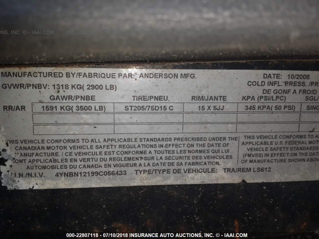 4YNBN12199C056433 - 2009 ANDERSON MANUFACTURING IN UTILITY TRAILER  BLACK photo 9