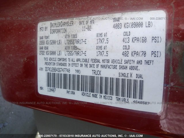 3D7KU28643G747740 - 2003 DODGE RAM 2500 ST/SLT 红色 照片 9